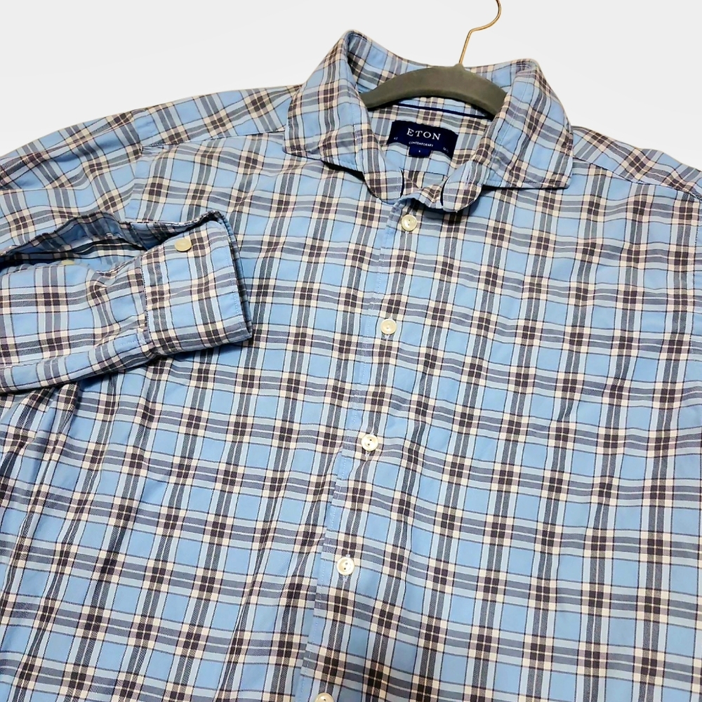 Eton Blue, White And‎ Gray Casual Plaid Lightweight Button Down Shirt Size Large